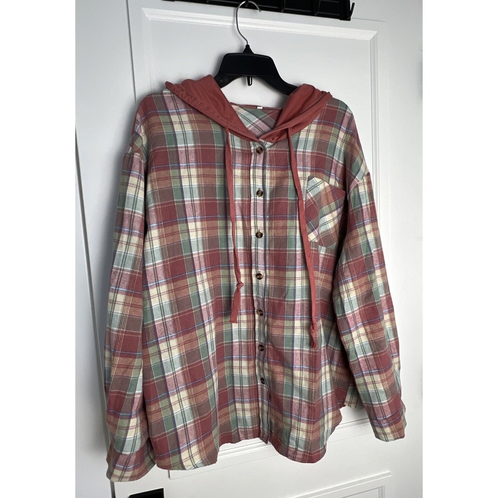 Women's Hooded Plaid Button Up Shirt Long Sleeve XL Green Pink Med Weight Pocket